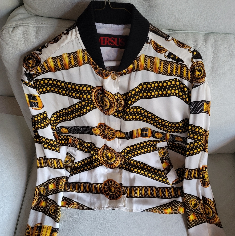 Versus Versace 42 6 M S Women Black Gold Lion Silk Lion Crop Bomber Jacket $1300